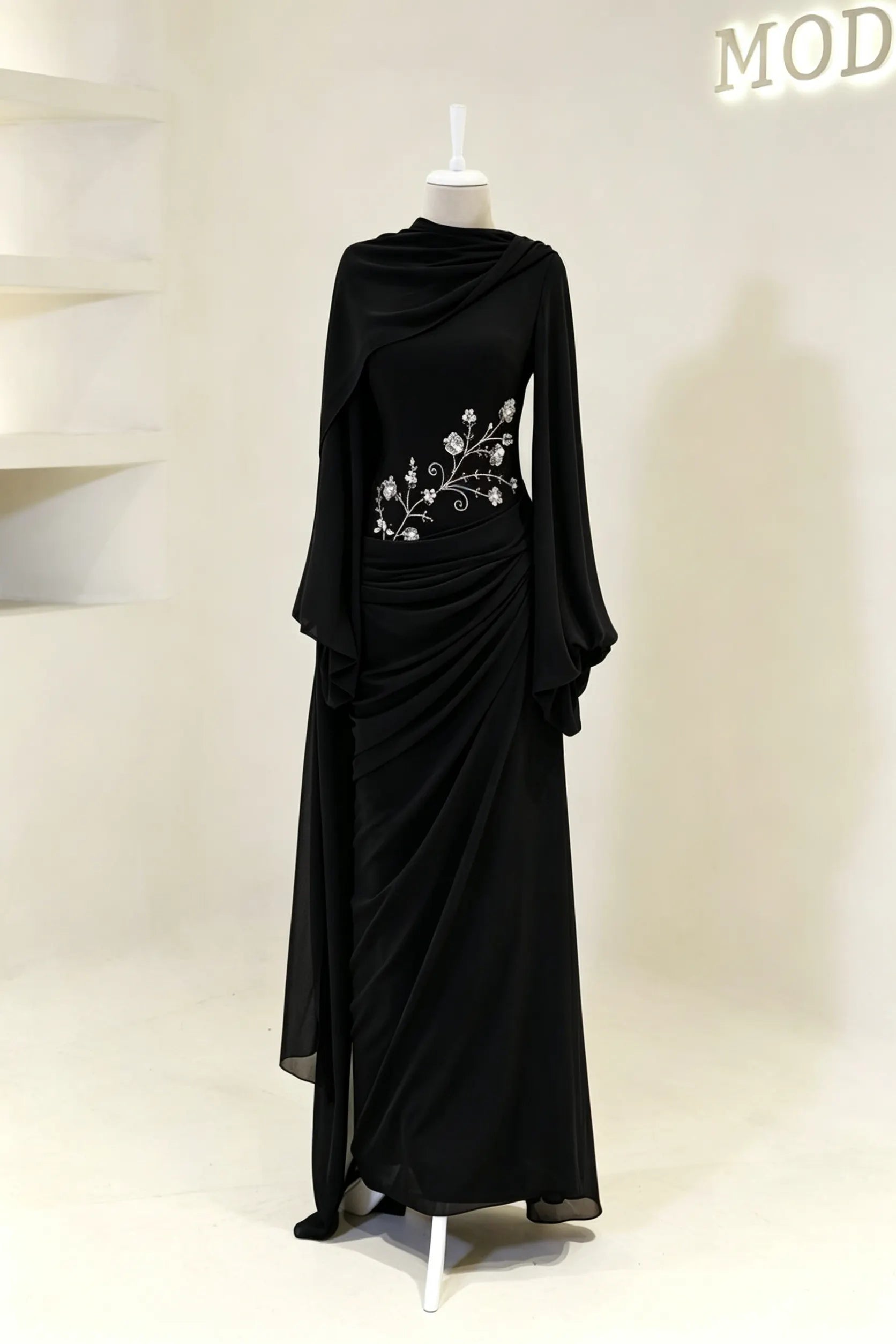 Cocoslly Long Sleeves High Waist Long Prom Dress With Pleated And Beading Pearls | Cabemet Chiffon ZA0710