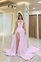 Cocoslly Strapless Sweetheart Sleeveless High Waist Long Split Prom Dress With Scarf | Burgundy Satin YC0479