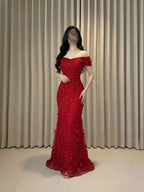 Cocoslly Off-The-Shoulder Sleeveless High Waist Long Prom Dress With Pearls And Sequins | Red SatinAnd Tulle CO0047