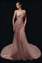 Cocoslly One Shoulder Sleeveless High Waist Long Prom Dress With Sequins | White Tulle YC0569