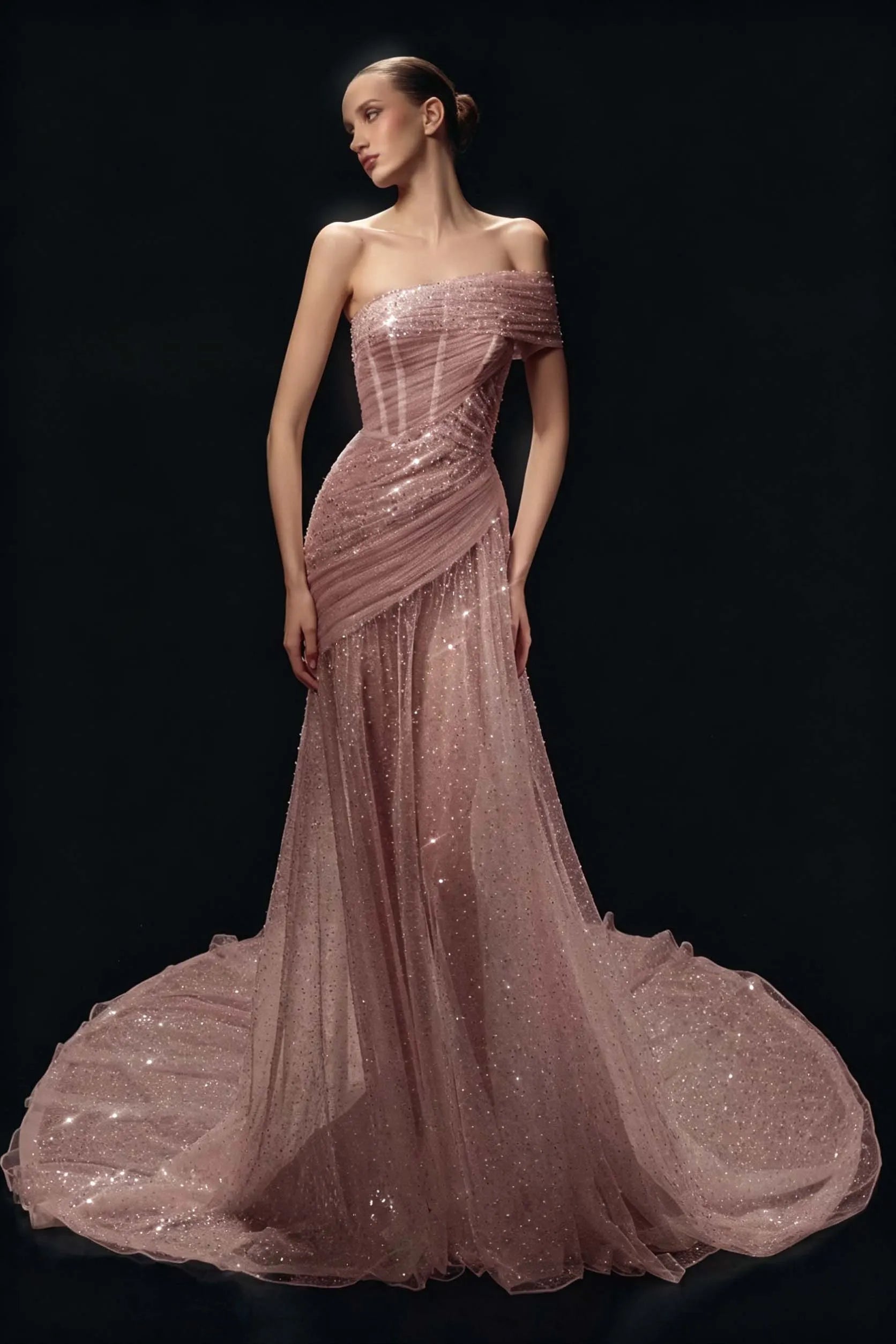 Cocoslly One Shoulder Sleeveless High Waist Long Prom Dress With Sequins | White Tulle YC0569
