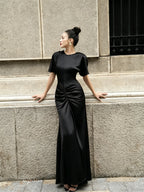 Cocoslly Round Neck Short Sleeves High Waist Long Prom Dress With Pleated | Wine Red Satin DB0023