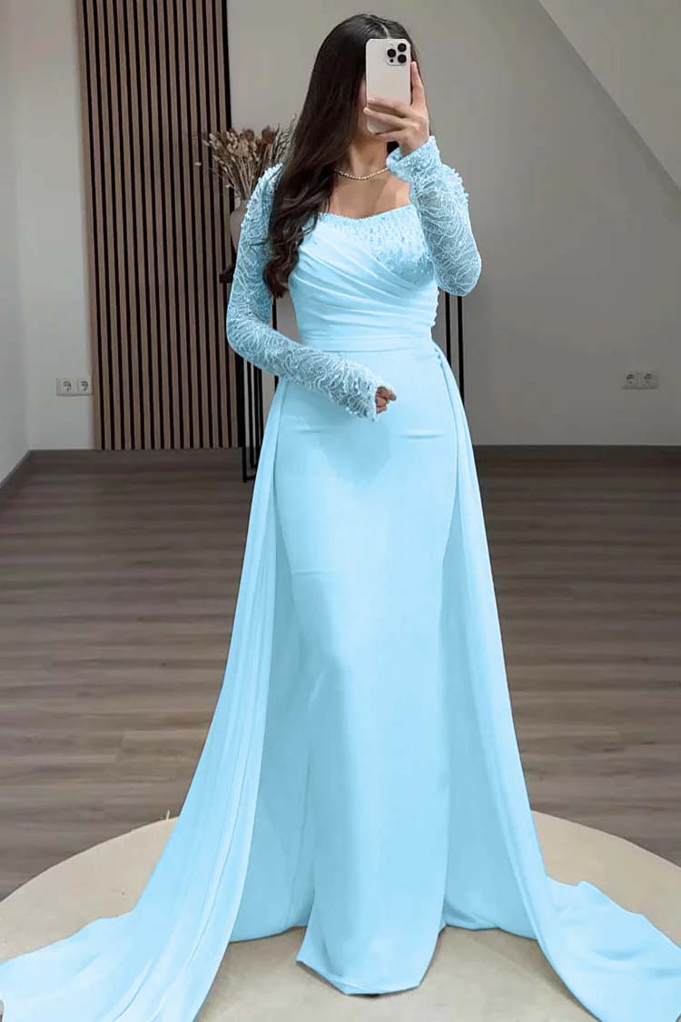 Square Neck Long Sleeves High Waist Long Pleated Mermaid Prom Dress With Beadings And Ruffles YS0057