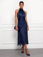 Purplish Blue Satin Halter Neck Ruched Sleeveless Midi A-Line Dresses