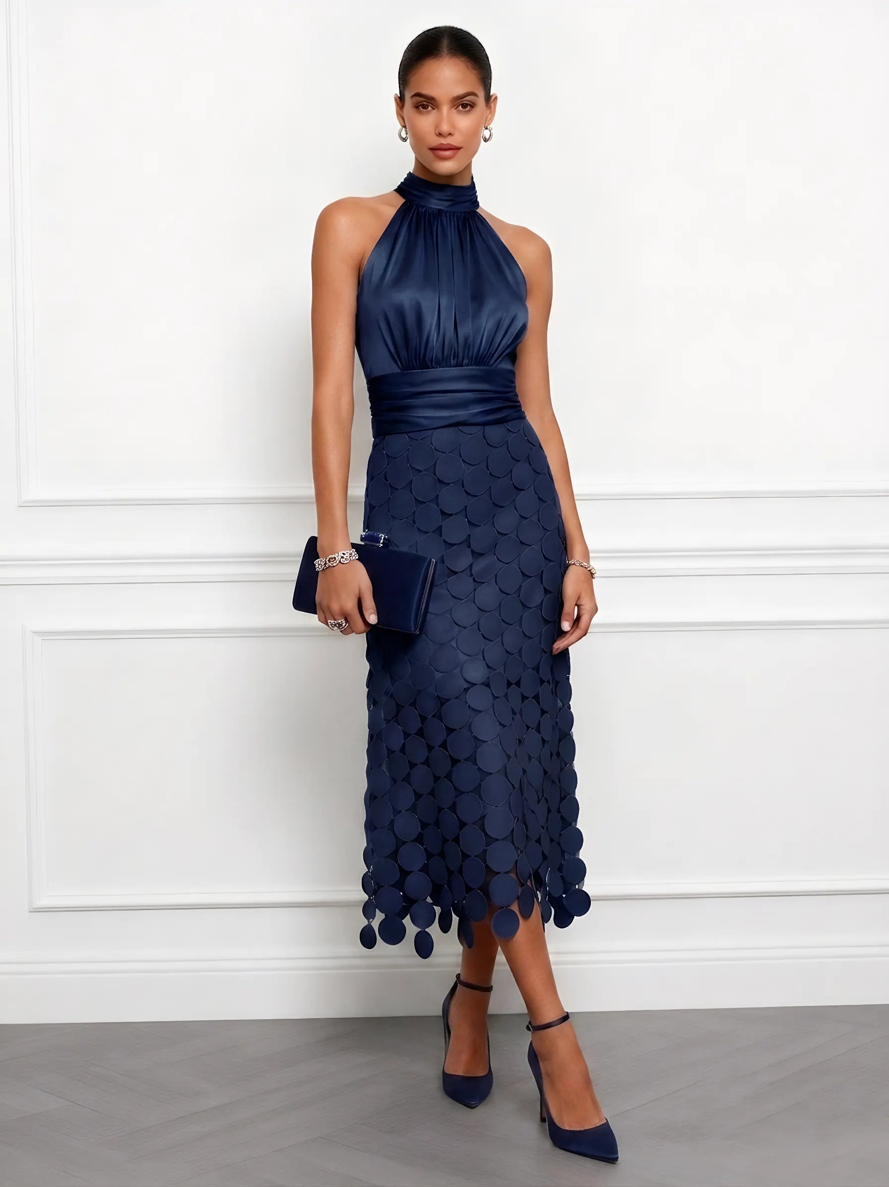 Purplish Blue Satin Halter Neck Ruched Sleeveless Midi A-Line Dresses