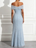 Light Blue Beaded Sequin Off The Shoulder Short Sleeve Mermaid Floor-length Gown Dress