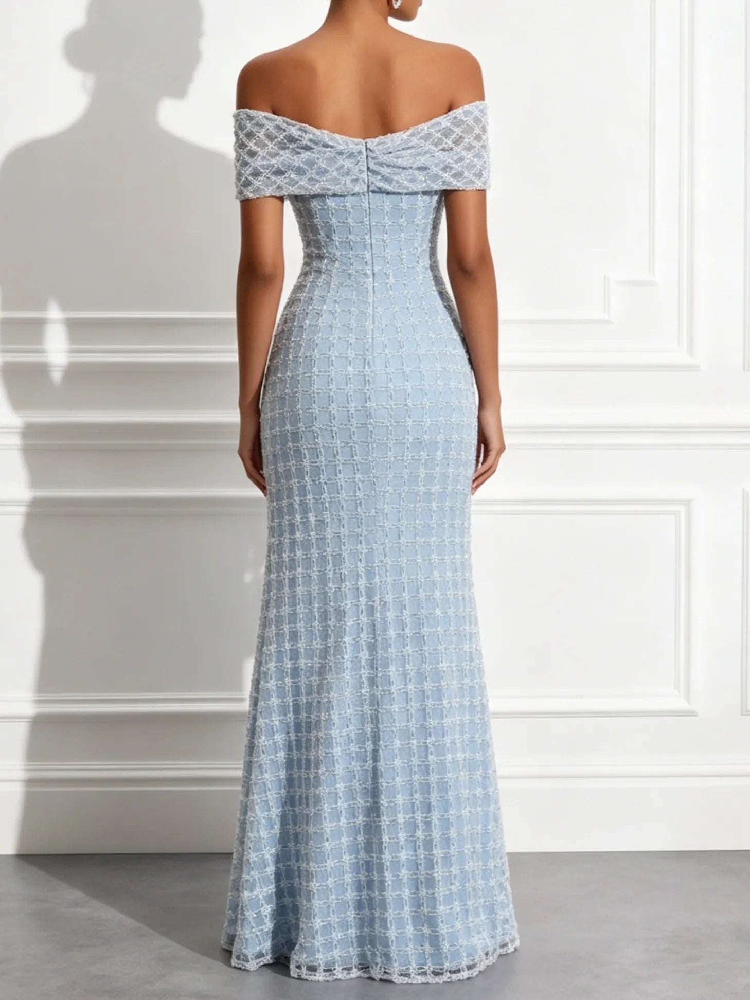 Light Blue Beaded Sequin Off The Shoulder Short Sleeve Mermaid Floor-length Gown Dress