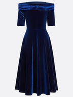 Deep Blue Applique Gathered Velvet Off The Shoulder Half Sleeve A-Line Midi Dress