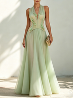 Green Chiffon V Neck Sleeveless A-Line Floor-length Gown Dress