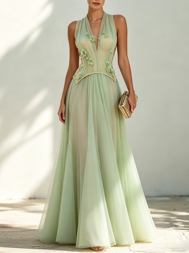 Green Chiffon V Neck Sleeveless A-Line Floor-length Gown Dress