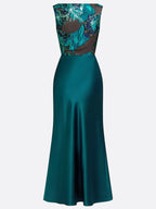Cyan Jacquard Ruched Satin Boat Neck Sleeveless Sheath Floor-length Gown Dress