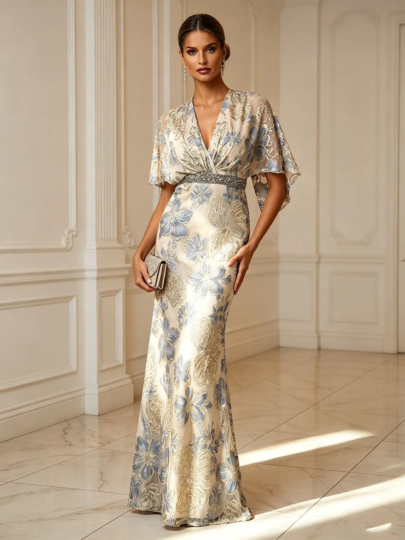 Champagne Classic V Neck Half Sleeve Mermaid Floor-length Gown Dress