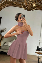 Cocoslly Strapless Sleeveless High Waist Short Prom Dress With Flower | Red Satin ZT0783