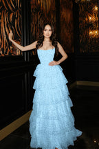Cocoslly Strapless Sleeveless High Waist Long Prom Dress With Ruffles And Sequins | Sky Blue Tulle YC0474