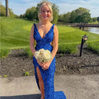 Cocoslly Straps V-Neck Sleeveless High Waist Long Prom Dress With Split | Champage Glod Sequins ZT0893
