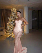 Red Tulle Strapless Sleeveless Long Mermaid Prom Dress With Sequins And Corset YK0682