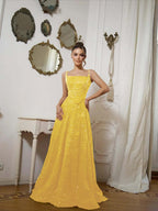 Square Neck Spaghetti Straps Sleeveless Long A-Line Prom Dress With Sequins And High Beadings YK0573