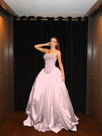 Cocoslly Halter Neck Strapless Sleeveless Long A-Line Prom Dress With Pleated And Sequins Rhinstone | Champage Satin YK0886