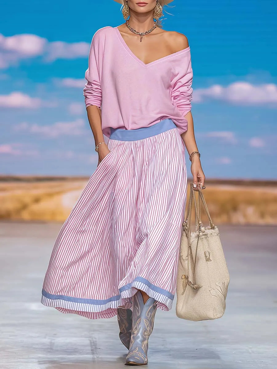 Casual Coastal Pink V-Neck Off-Shoulder Sweatshirt And Striped Midi Skirt Set