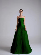 Baby Blue Satin And Tulle Strapless Sleeveless Long Pleated A-Line Prom Dress With Flower Appliqués YK0669