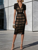 Black Organza Plaid Classic V Neck Short Sleeve Sheath Midi Dress