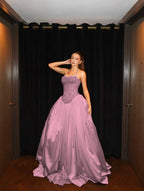 Cocoslly Halter Neck Strapless Sleeveless Long A-Line Prom Dress With Pleated And Sequins Rhinstone | Champage Satin YK0886