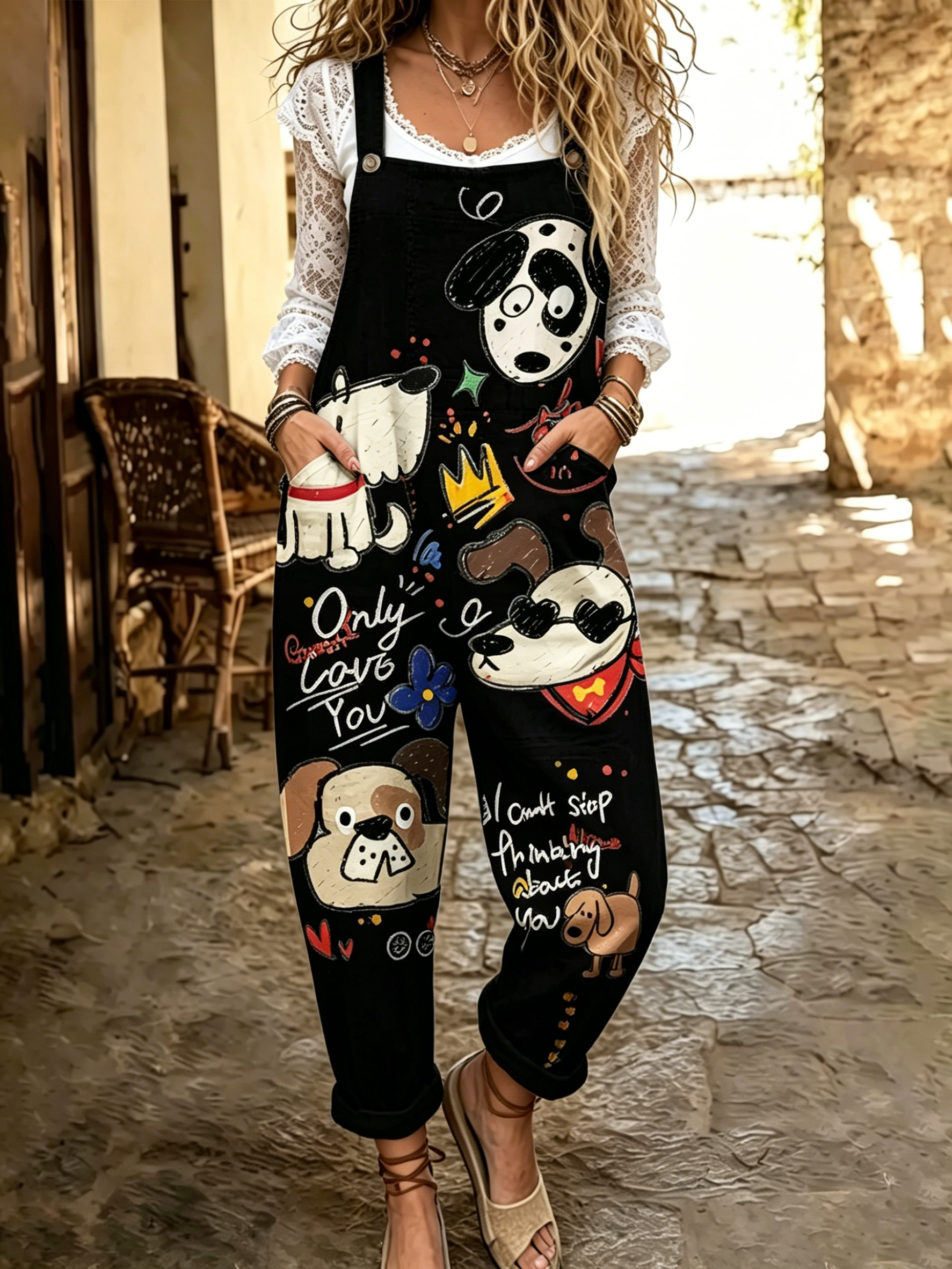 Women's Cute Dog Art Print Flowy Linen Blend Casual Jumpsuit
