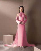 Spandex And Tulle High Neck Strapless Long Sleeves Long Mermaid Prom Dress With Ruffles And Beadings YK0748