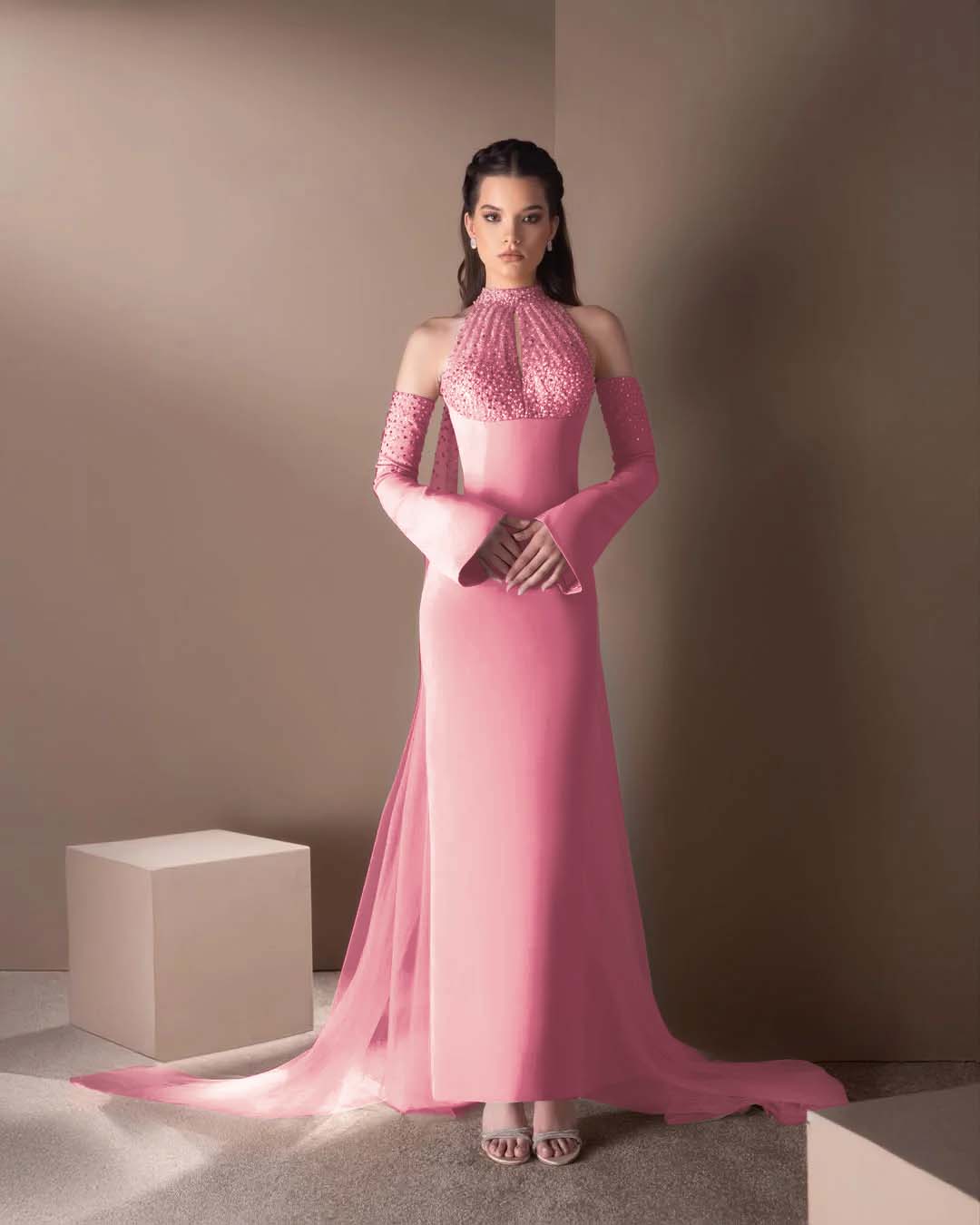 Spandex And Tulle High Neck Strapless Long Sleeves Long Mermaid Prom Dress With Ruffles And Beadings YK0748