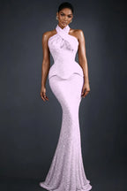 Cocoslly Halter Sleeveless High Waist Long Mermaid Prom Dress | Glod Champage Beading Pearls LR0565