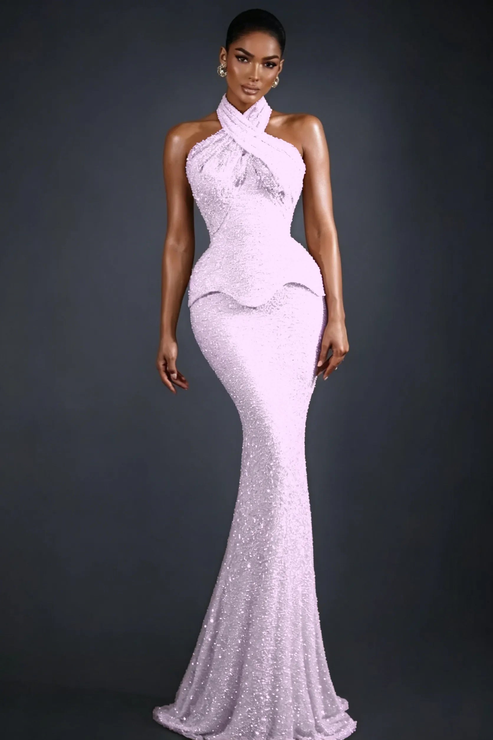 Cocoslly Halter Sleeveless High Waist Long Mermaid Prom Dress | Glod Champage Beading Pearls LR0565