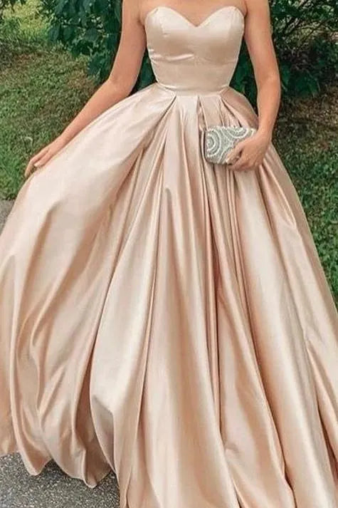 Cocoslly Satin Strapless Sleeveless Long A Line Prom Dress With Pleated
