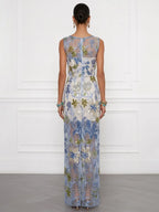 Blue Sequin Embroidery Classic Boat Neck Sleeveless Mermaid Floor-length Gown Dress