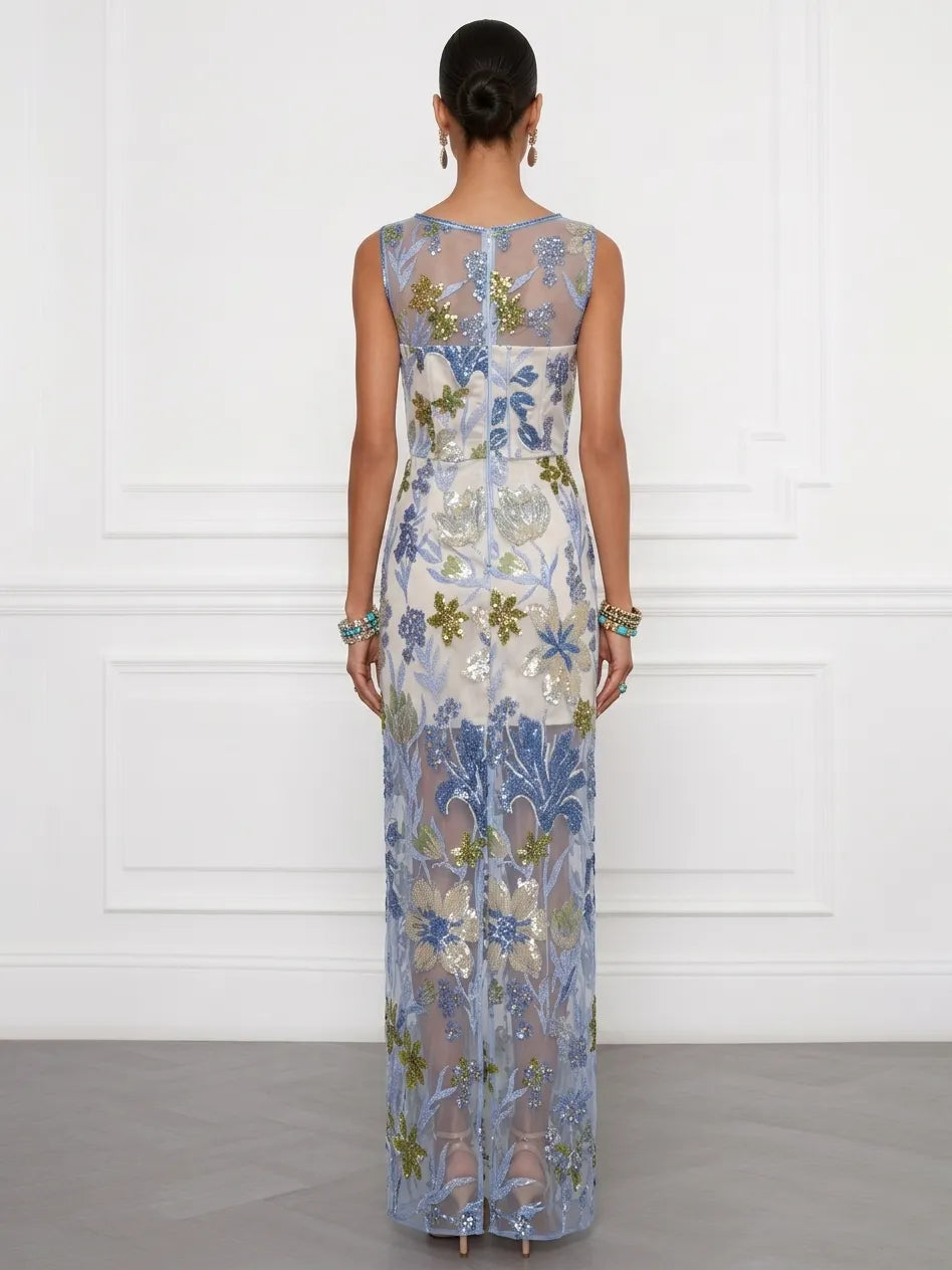 Blue Sequin Embroidery Classic Boat Neck Sleeveless Mermaid Floor-length Gown Dress