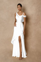 Cocoslly Wide Straps Sleeveless High Waist Long Prom Dress With Split And Ruffles | Glod Chiffon