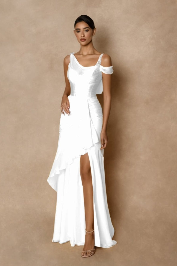 Cocoslly Wide Straps Sleeveless High Waist Long Prom Dress With Split And Ruffles | Glod Chiffon