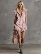 Elegant Retro Sporty V-neck Front Zipper Sleeveless Lace Trim Pink Cotton Mini Dress