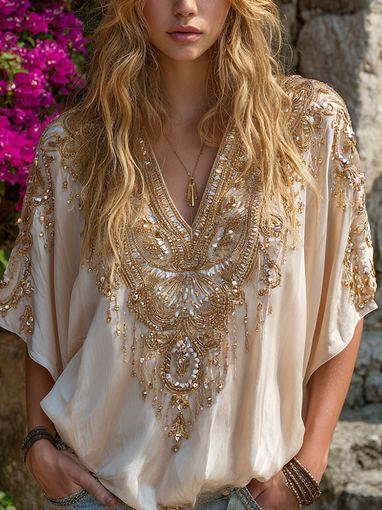 Women's Vintage Boho Nepal Ethnic Art V-neck Shirt