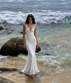 Cocoslly V-Neck Sleeveless High Waist Long Mermaid Prom Dress With Lace | Black Satin LX0099