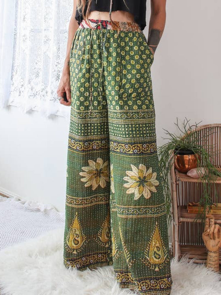 Women's Bohemian Floral Print Linen Blend Casual Pants