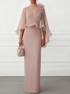 Nude Pink 3D Floral Mesh Classic Mock Neck Half Sleeve Sheath Floor-length Gown Dress