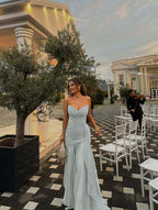Strapless V Neck Sleeveless Long Prom Dress With Pleated Ruffle YK0492
