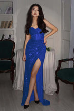 Sequin Strapless Sleeveless Long High Split Prom Dress With Pleated YK0006