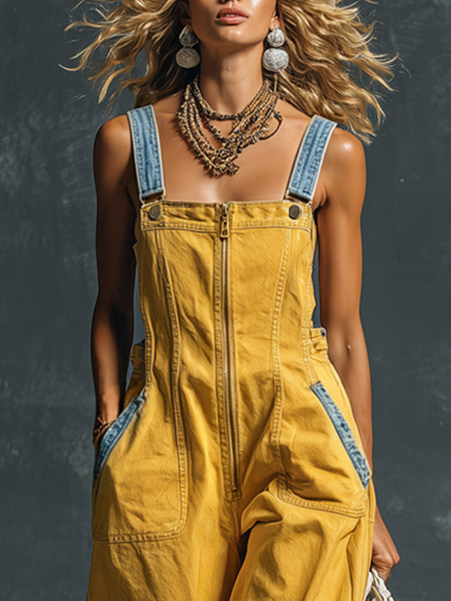 Western Retro Blue And Yellow Denim Vest-style Zip-up Jumpsuit