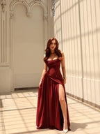 Cocoslly Spaghetti Straps Sleeveless High Waist Long Prom Dress With Split And Pleated | Burgundy Satin CO0161