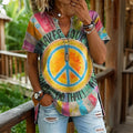 Women's Retro Rainbow Hippie Peace Pattern V-neck Short Sleeve Blouses