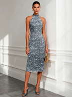 Deep Blue Jacquard Denim Dress Halter Neck Sleeveless Sheath Midi Dress