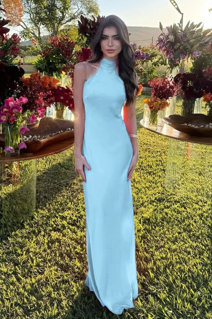 Cocoslly High Neck Sleeveless High Waist Long Mermaid Prom Dress | Fuchsia Satin XJ0757