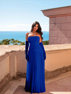Chiffon Strapless Sleeveless Long Pleated A-Line Prom Dress With Bows And Gloves YK0680