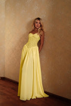 Cocoslly Spaghetti Straps Sleeveless High Waist Long Prom Dress | Glod Champage Chiffon YC0559